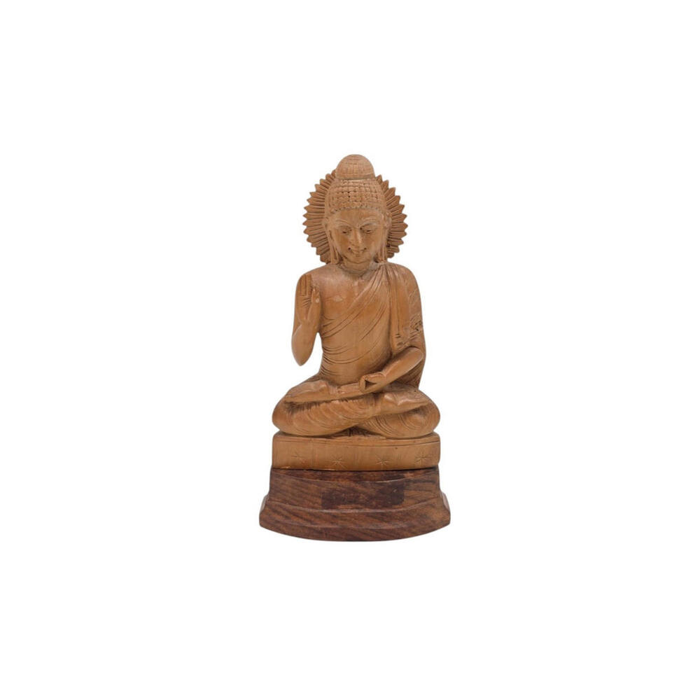 Hand Carved Sandalwood Buddha Statue 7" Indian Vintage Figurine Lotus Base